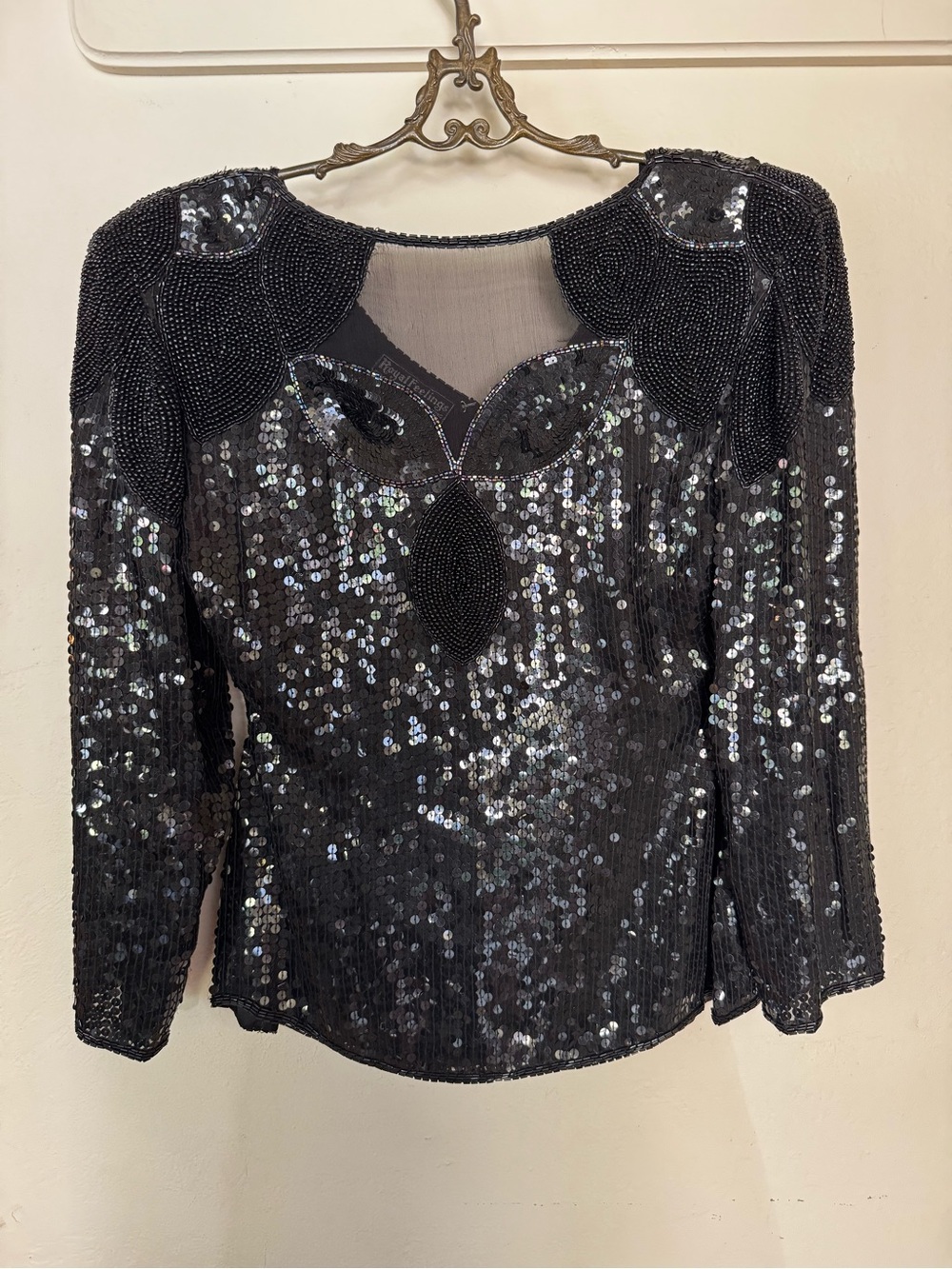 Vintage Royal Feelings Black Silk Beaded Sequin Evening Top Size S